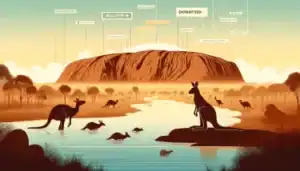 Serene Australian landscape with Uluru and a kangaroo, symbolizing unity and resilience in support of social justice and environmental sustainability.