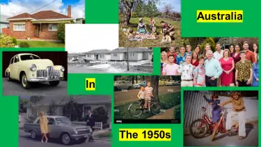 Growing Up After WWII. A vibrant suburban neighborhood in the 1950s in Australia with families enjoying their time outside. Children are playing on the streets with bicycles.