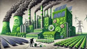 The concept of fossil fuel greenwashing, highlighting the deceptive practices of masking environmental harm with a green facade.